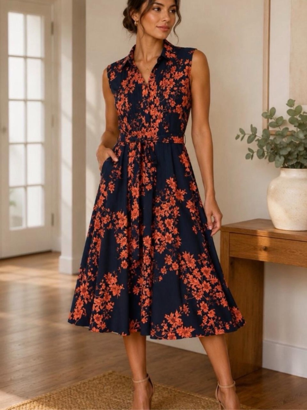 Nanette Lepore Sleeveless Pintuck Shirtdress Navy / Coral Floral Size 10 | NWT 🌺